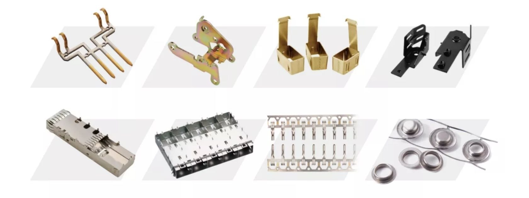 A picture of 6 types of metal stamped parts manufactured by Ladata/Layana over a white background.