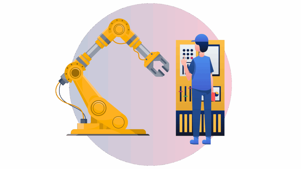 The image illustrates custom industrial automation, featuring a human operator programming or controlling a yellow robotic arm via a tailored interface—highlighting the integration of bespoke automation solutions in modern manufacturing. Preguntar a ChatGPT