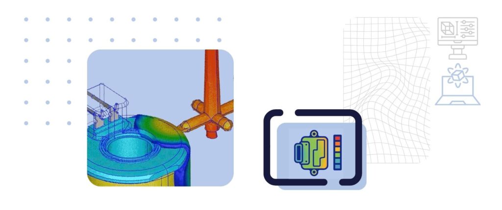 This visual composition represents mould flow analysis for plastic injection molding. The central colored simulation shows how molten plastic flows into a mold cavity, highlighting areas of pressure and material distribution. Surrounding icons and abstract graphics symbolize digital simulation, data analysis, and optimization of part and mould design for manufacturability.