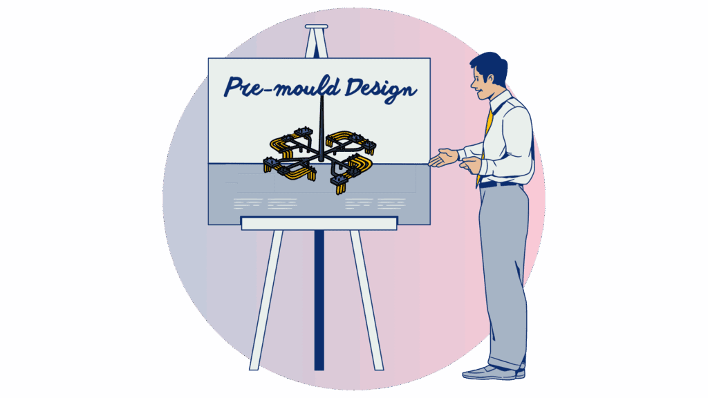 Clip art of an engineer introducing a pre-mould design using a white board.
