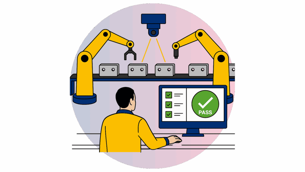 Clip art of an assembly line with robot arms, inspection systems and one operator checking the quality.