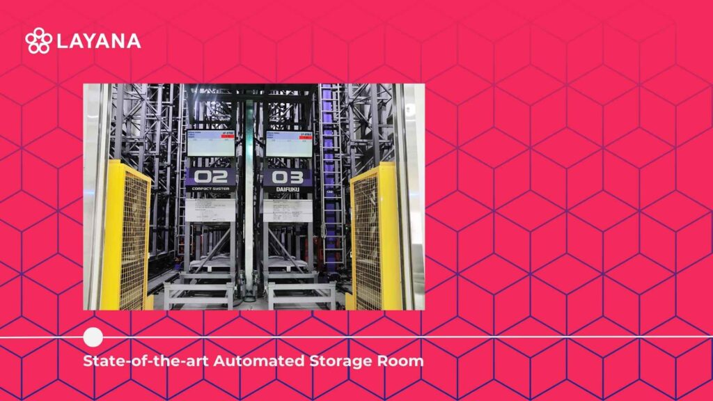 Diagram with automated storage room label and one picture of the Ladata automated storage room.
