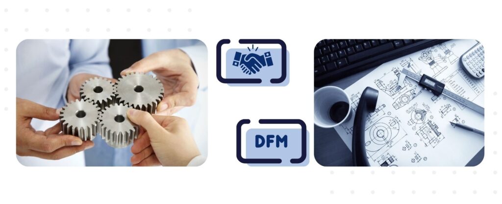 Picture consisting in two images and two icons representing two concepts: collaborative engineering development and DFM expertise.