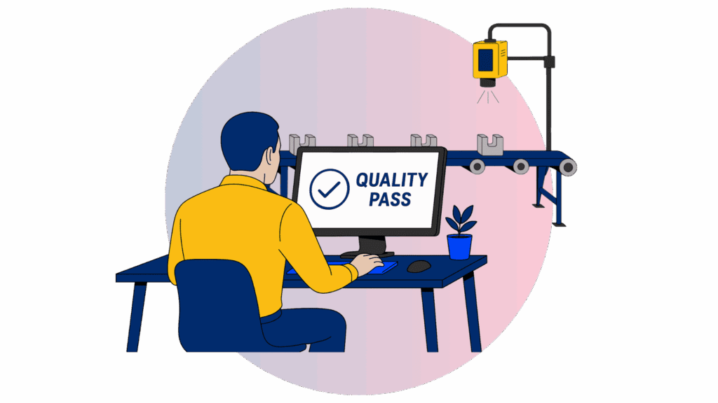 Clip art of an in-line inspection system on a conveyor belt and one operator checking for quality inspection pass on a computer.