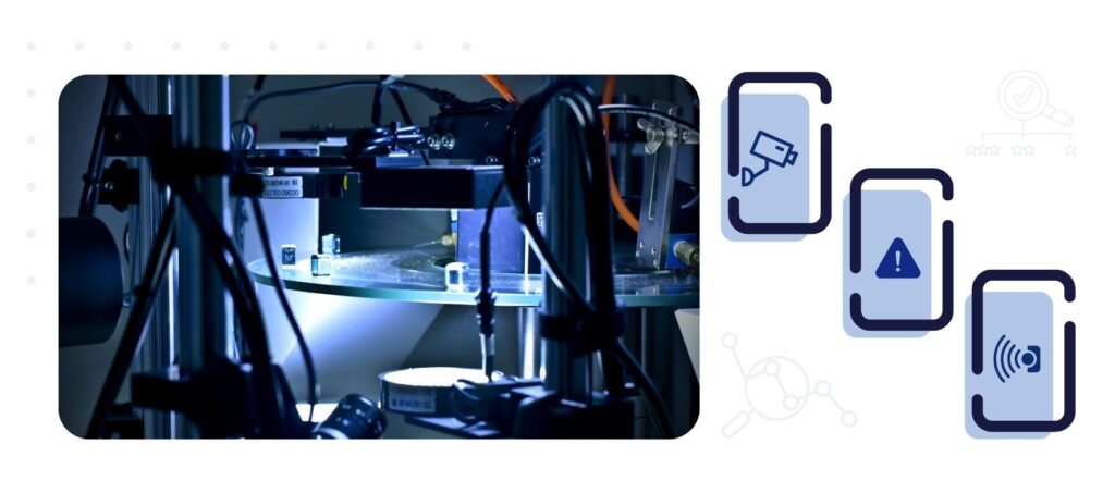 The image showcases a high-precision in-line inspection system using vision and sensor technology to enable real-time defect detection, traceability, and data-driven quality control in automated manufacturing.