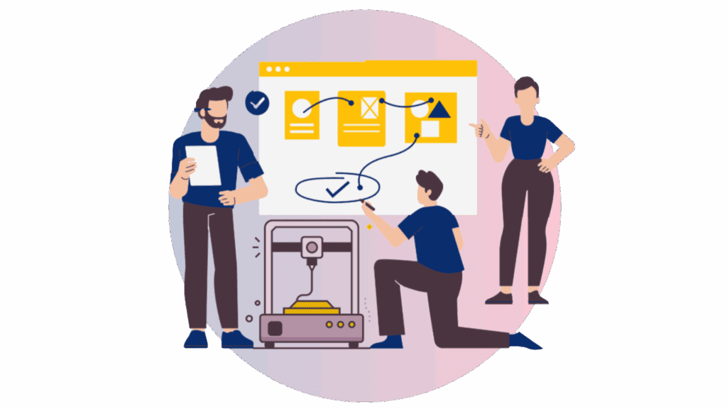 Clip art of some engineers doing validation test and one 3D printer for rapid prototyping.