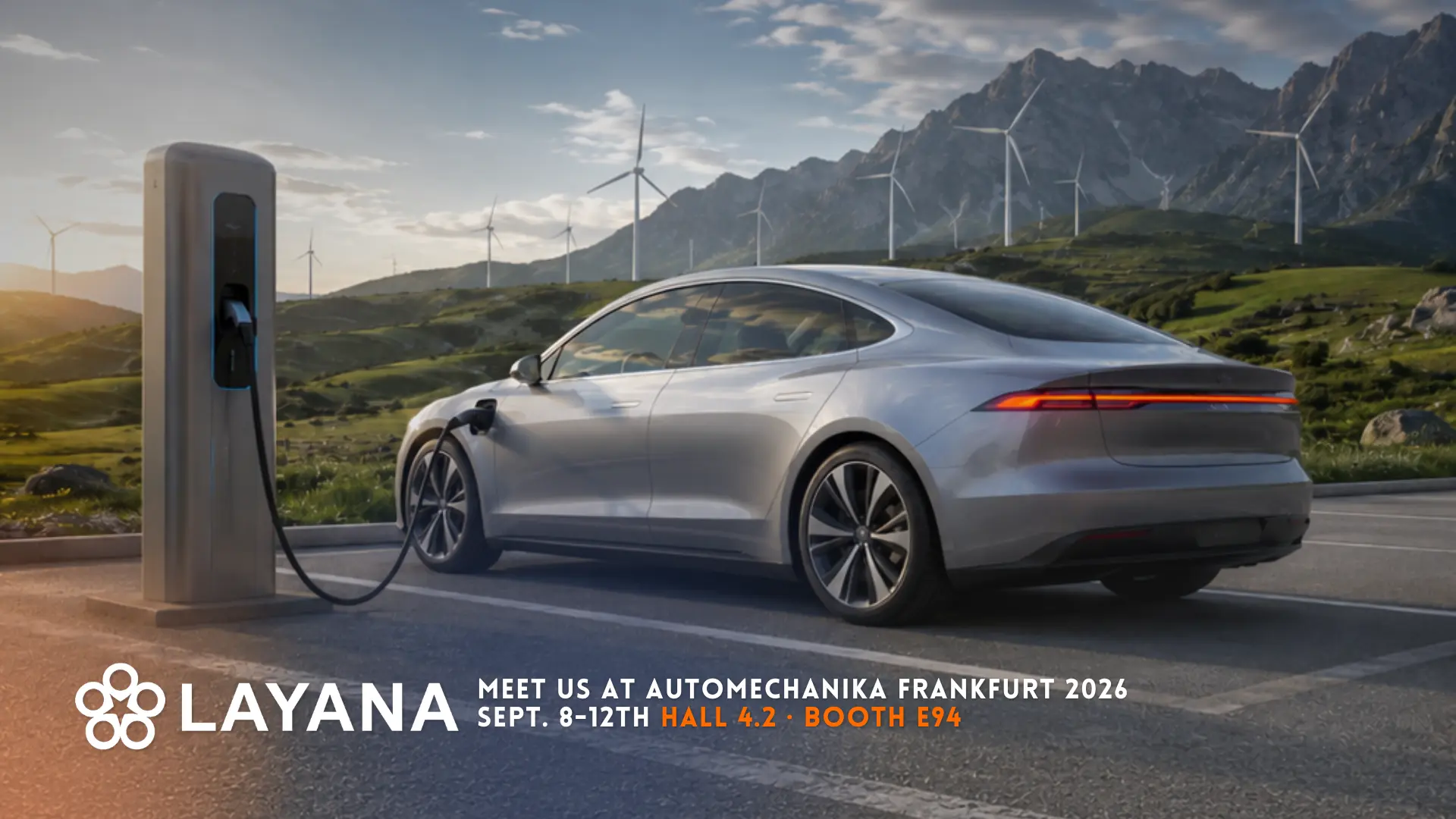 Electric vehicle charging beside wind turbines with Layana Automechanika Frankfurt 2026 event details.