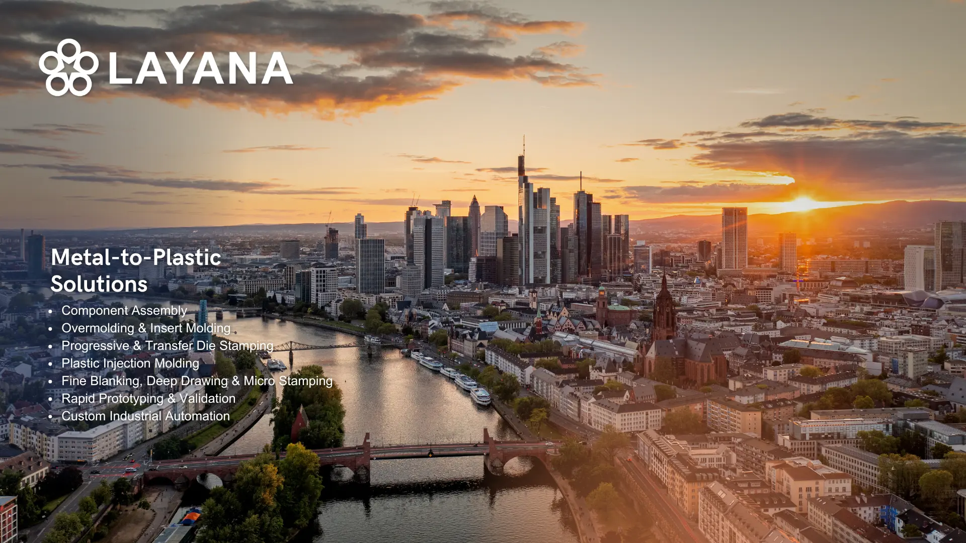 Frankfurt skyline with Layana metal-to-plastic OEM solutions for Automechanika Frankfurt 2026.