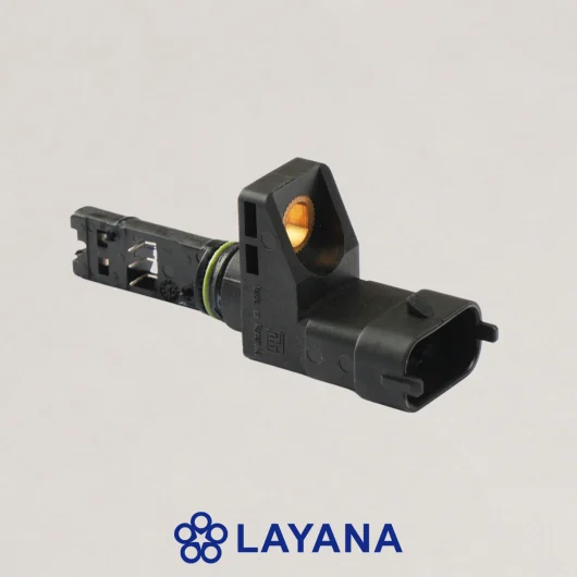 Overmoulded transducer housing demonstrating precision metal-to-plastic integration.